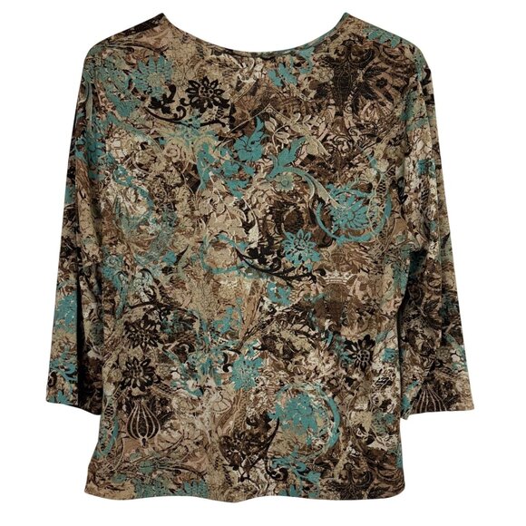 Coldwater Creek Womens Floral Print Top 1X Brown Teal V-Neck Polyester Stretch - Picture 6 of 9